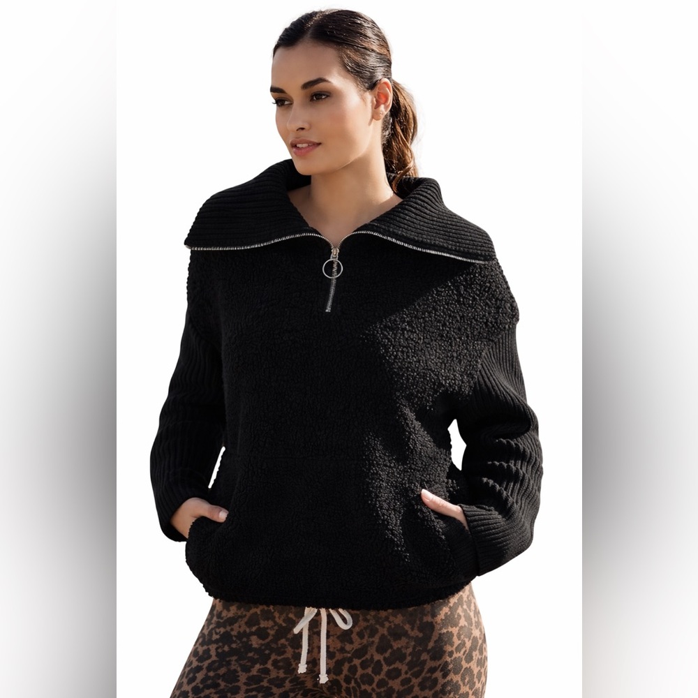 Varley Rogers Half Zip Sweater Jacket Black Sherpa Small